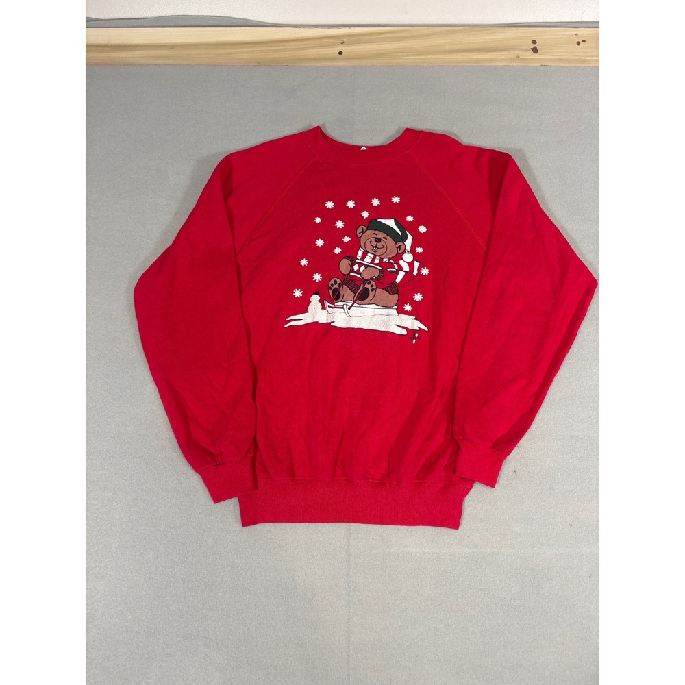 Vintage 80s‎ Hanes Red Teddy Bear Sledding Christmas Sweatshirt Mens Medium USA
